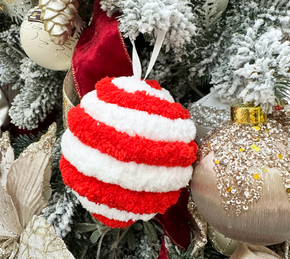 Set of Large soft ball ornaments - red and white