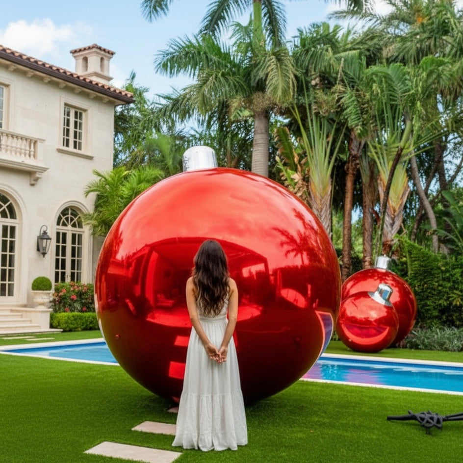 Preorder Giant Red Inflatable baubles commercial grade with silver top