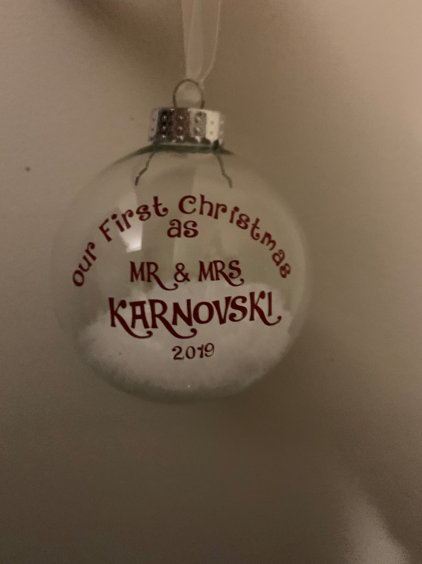 Snow bauble, white text