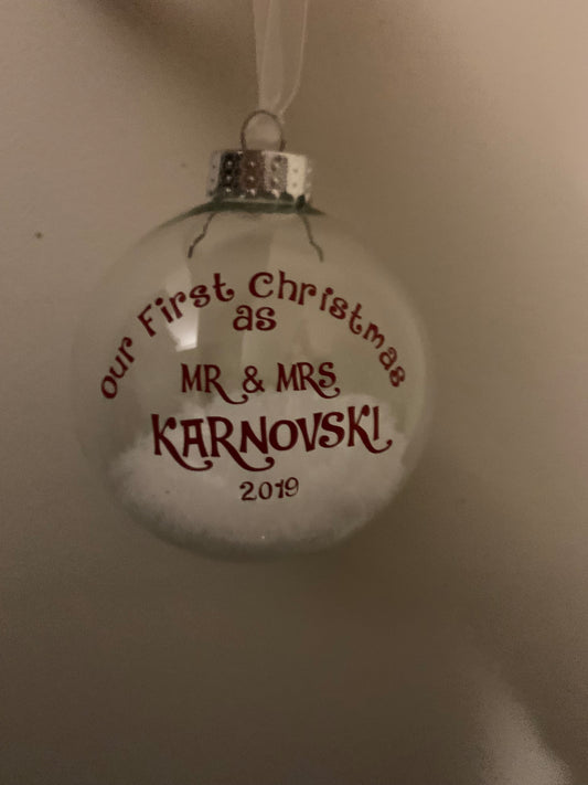 Snow bauble, white text