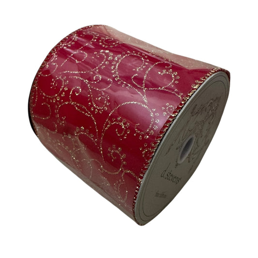Red velvet with gold glitter design Wire ribbon 4”