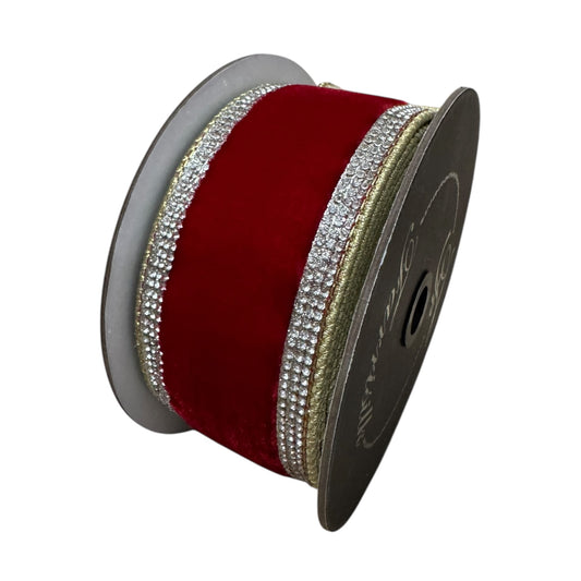 Red velvet with rhinestones trim Wire ribbon 2.5”