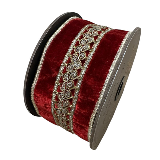Red velvet with gold embroidery 2.5” 5 yards