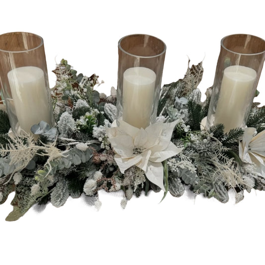 White Table scape with 3 large candles
